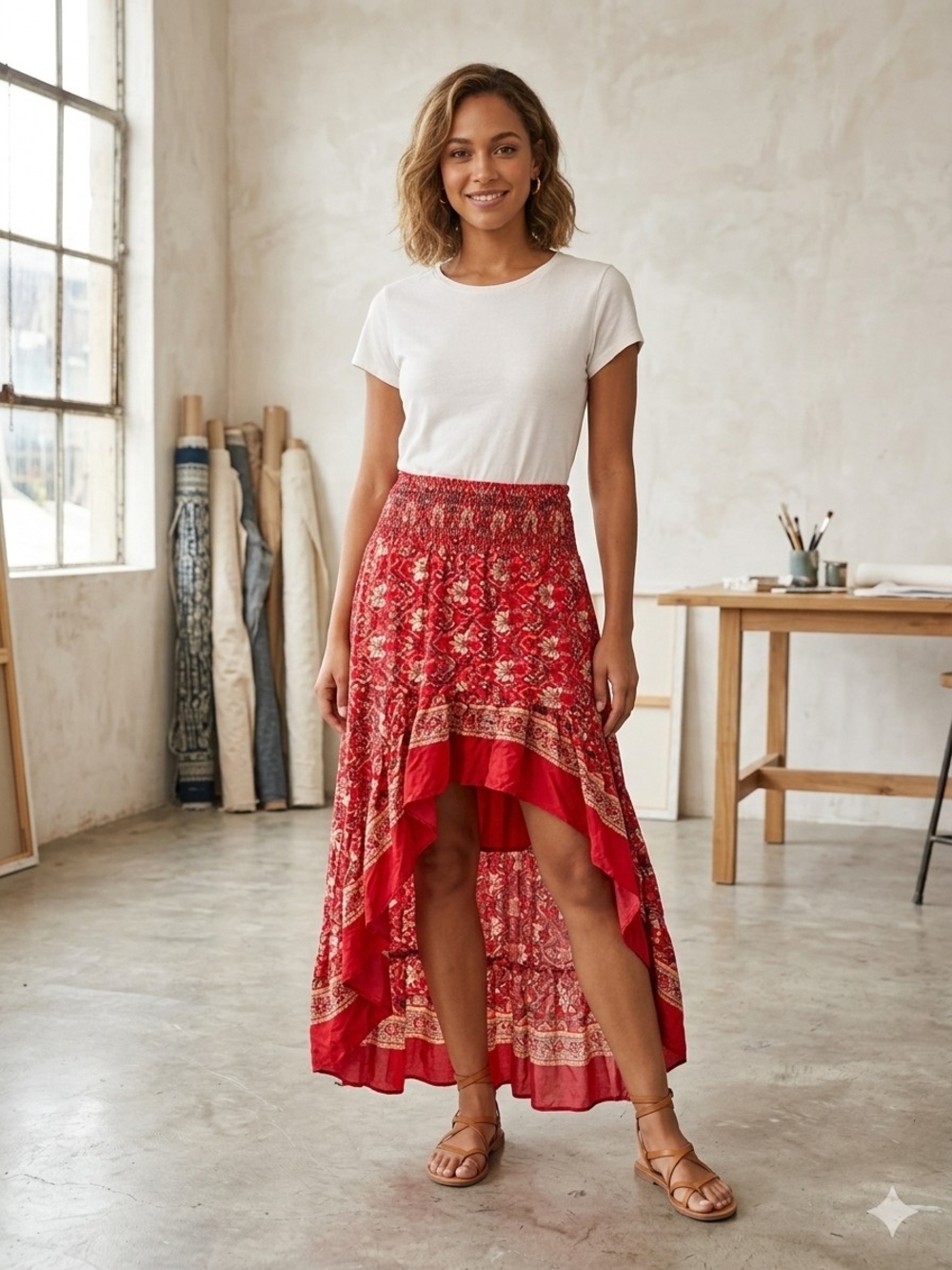 Smocked Waist High-Low Red Printed Maxi Skirt
